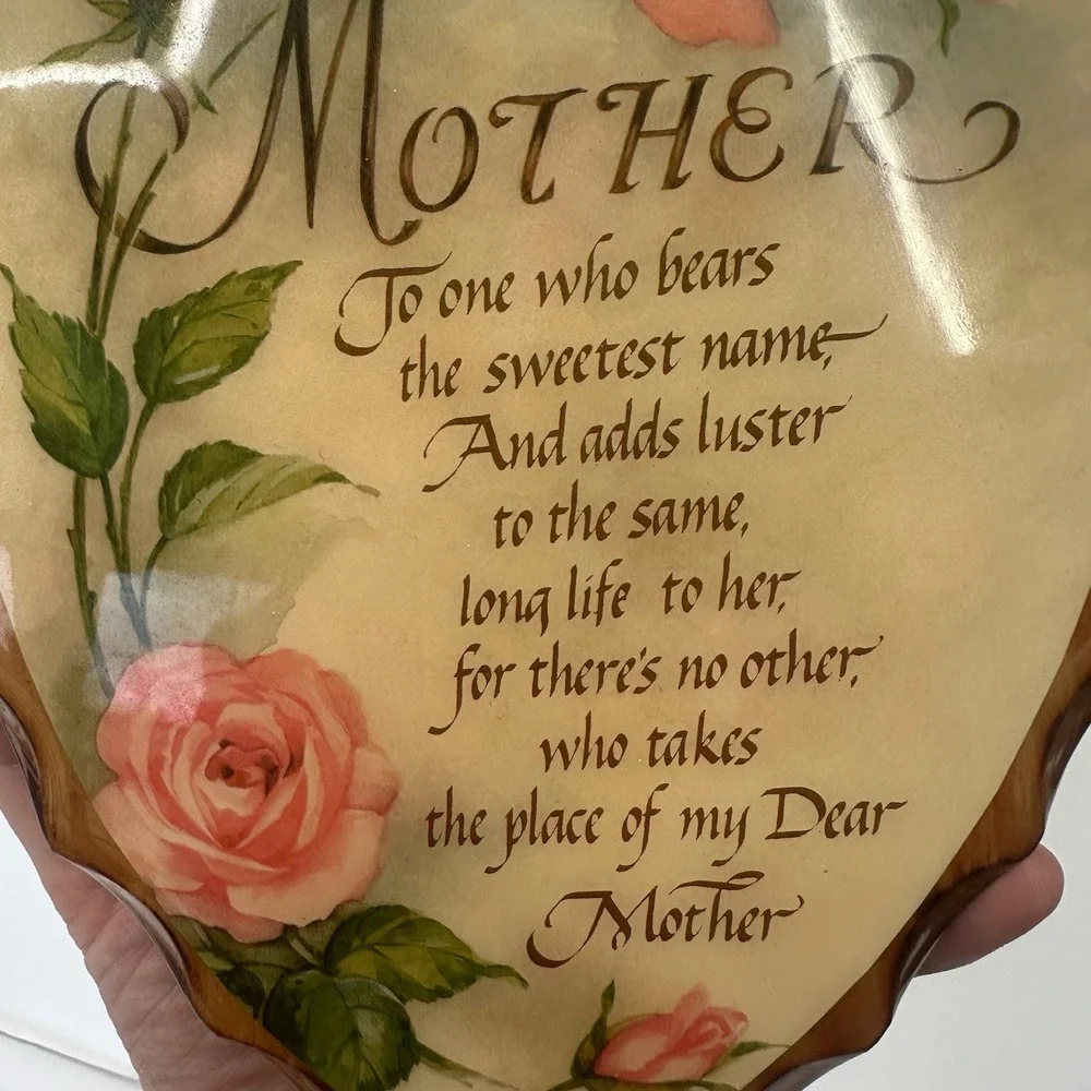 Vintage‎ Wooden Mother Poem Heart Shape Pink Roses Glossy Wall Hanging Plaque 9